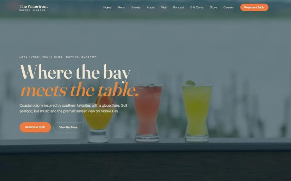 The Waterfront homepage — coastal dining on Mobile Bay